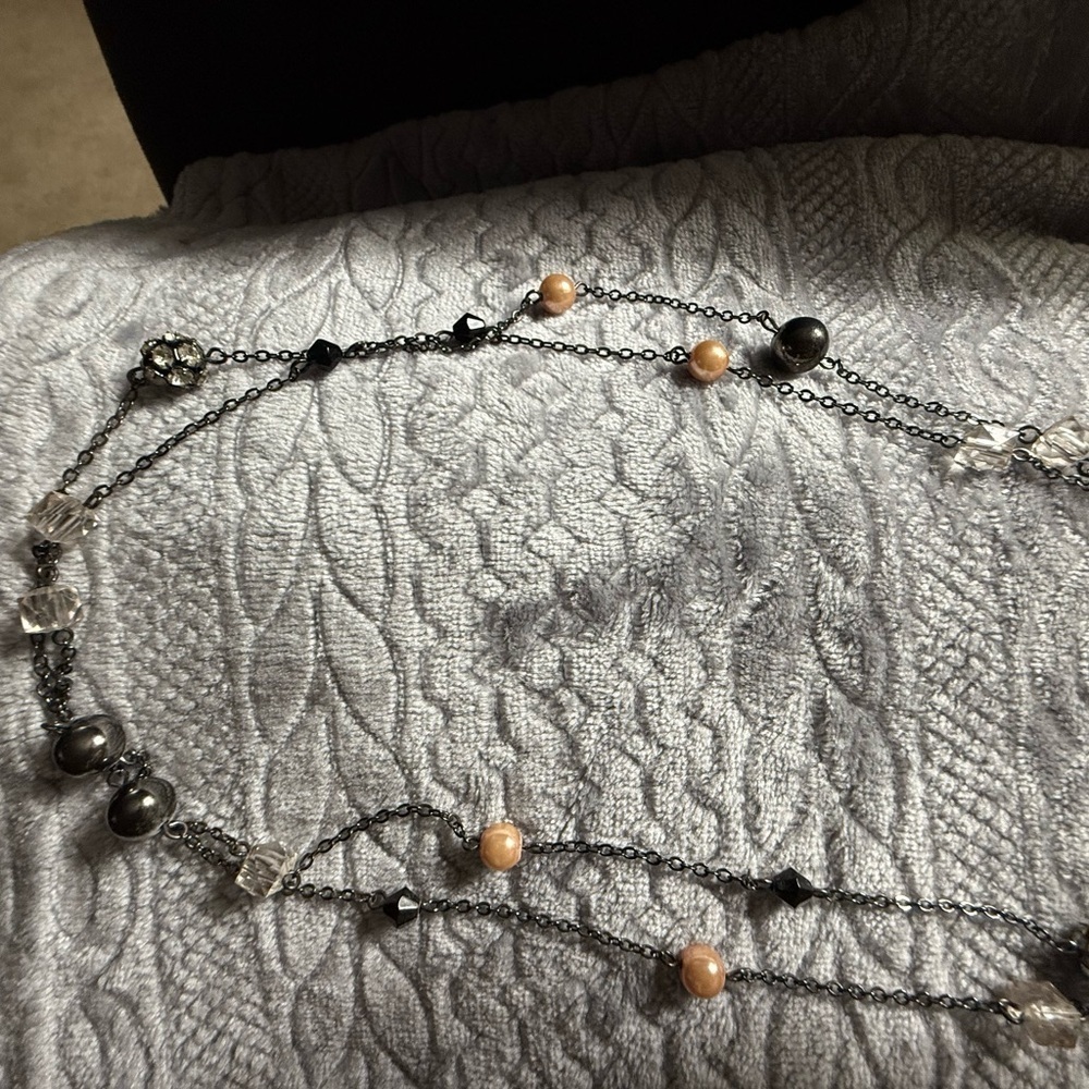 Beaded long necklace - black, rhinestone, tan/yellow - Picture 5 of 5